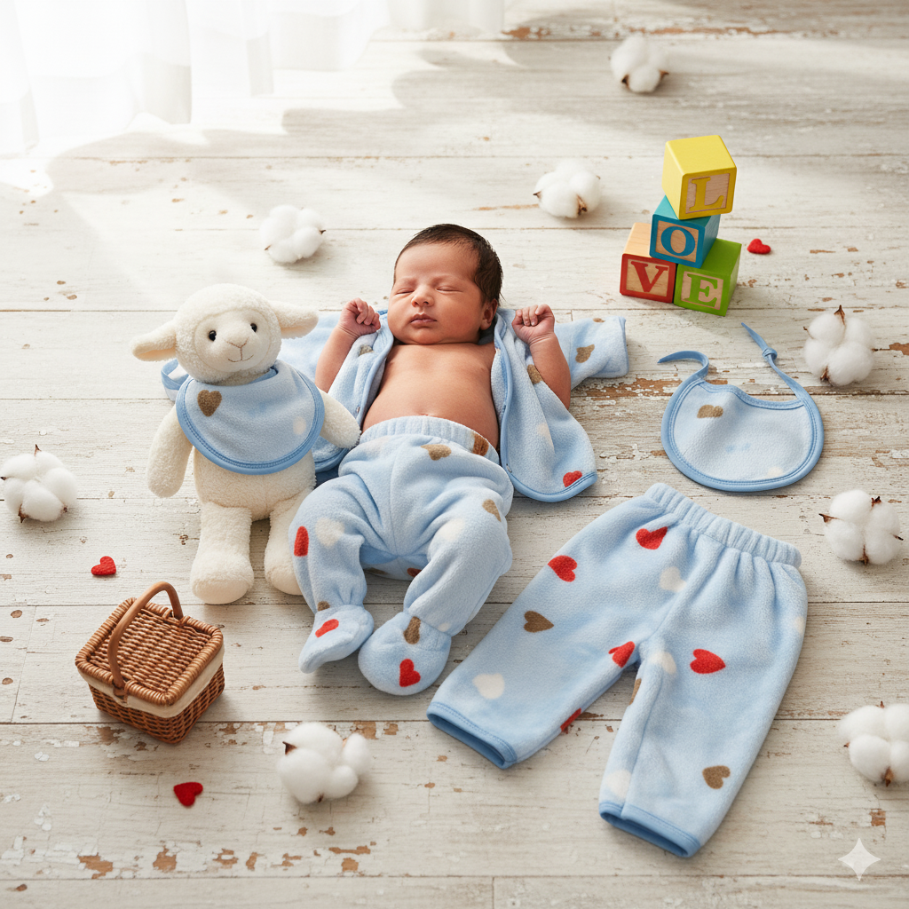 5-Piece Plush Baby Clothing Set for Newborns – Warm & Cozy Heart Print Outfit with Snap-Button Jacket, Two Pants, Hat, and Bib (Light Blue)