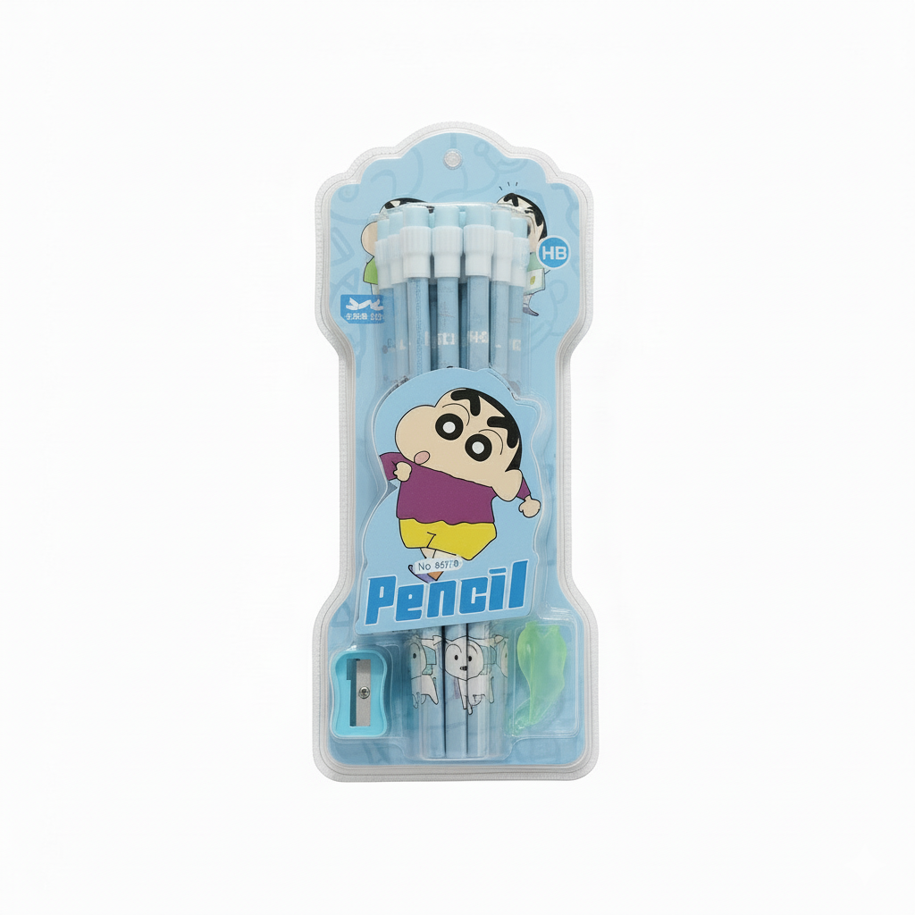 Ink Spot® Cute Shinchan Pencil Set for Kids – HB Pencils with Eraser & Sharpener | Cartoon Stationery Set for School, Drawing & Writing | Pack of 12 pencil with 1 sharpener and 1 eraser
