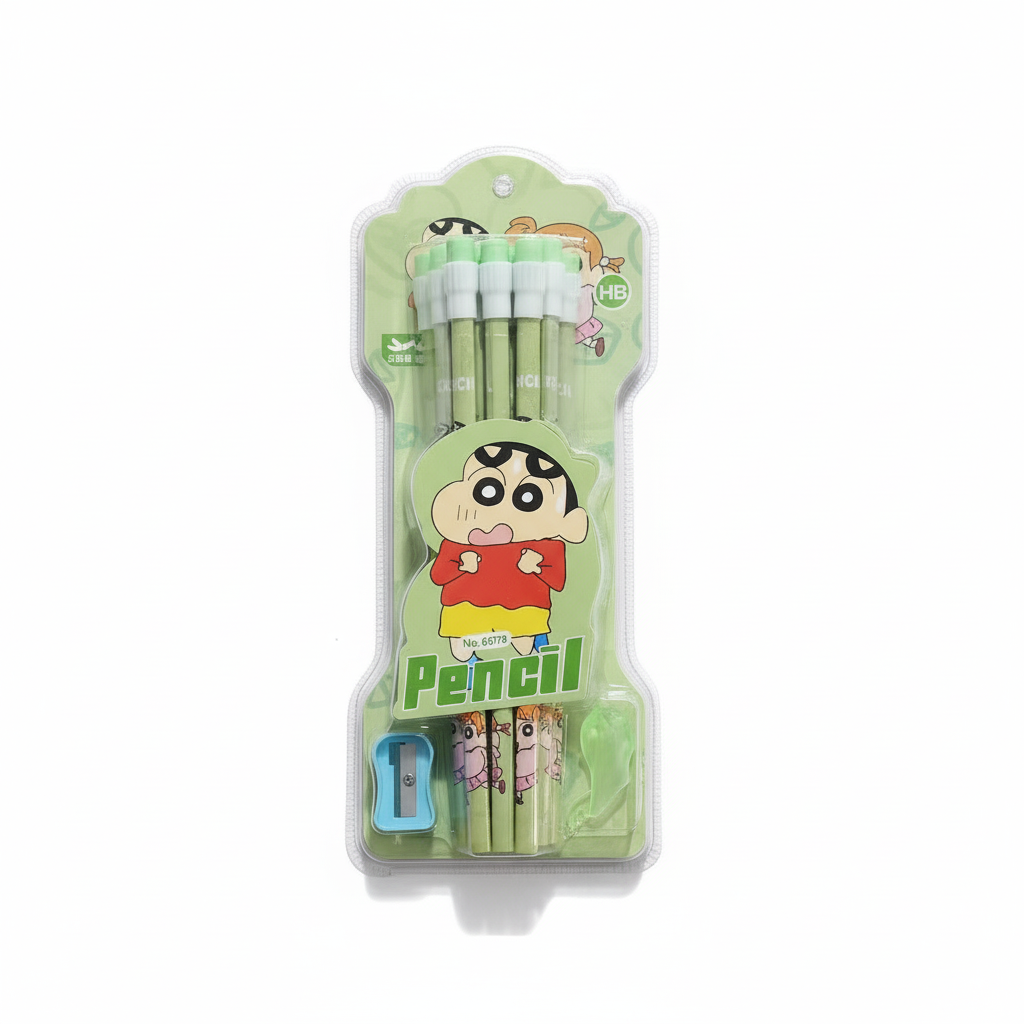 Ink Spot® Cute Shinchan Pencil Set for Kids – HB Pencils with Eraser & Sharpener | Cartoon Stationery Set for School, Drawing & Writing | Pack of 12 pencil with 1 sharpener and 1 eraser