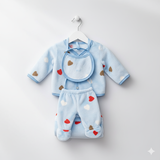 5-Piece Plush Baby Clothing Set for Newborns – Warm & Cozy Heart Print Outfit with Snap-Button Jacket, Two Pants, Hat, and Bib (Light Blue)