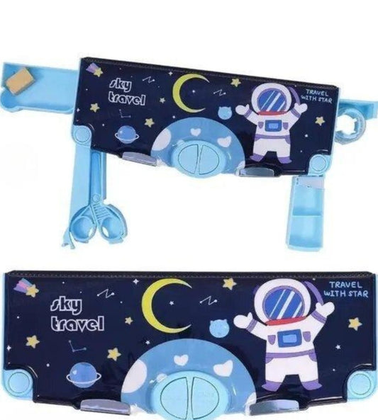 Plastic Space Theme Pencil Box with Eraser, Tape Cutter, Ruler, Scissor & Sharpener for Kids, Space Geometry Box, Pencil Case for Boys Pencil Box Birthday Gift Return Gift for Boys