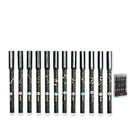 Ink Spot® "Set of 12 Black Gel Ink Pens with Zodiac Constellation Design for Smooth Writing Experience"