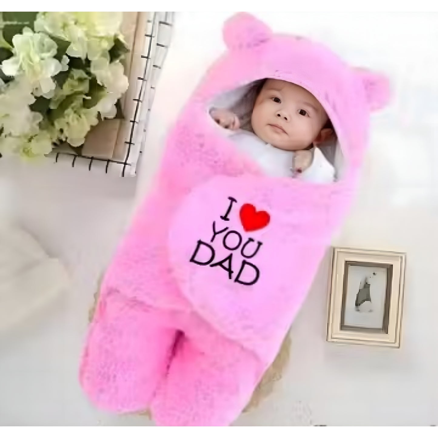 Cute Baby Fleece Sleeping Bag – Pink Bear Design | Soft Newborn Wrap Blanket with ‘I Love You Dad’ Print | Winter Baby Sleeping Sack for Boys & Girls