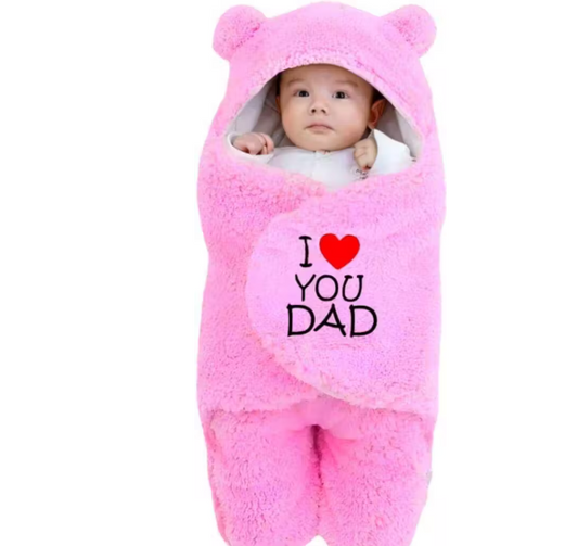 Cute Baby Fleece Sleeping Bag – Pink Bear Design | Soft Newborn Wrap Blanket with ‘I Love You Dad’ Print | Winter Baby Sleeping Sack for Boys & Girls
