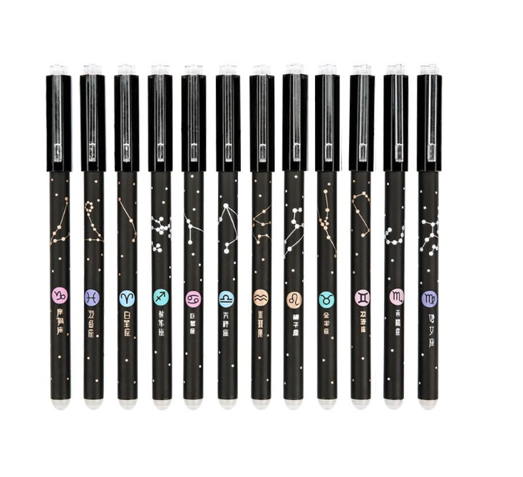 Ink Spot® "Set of 12 Black Gel Ink Pens with Zodiac Constellation Design for Smooth Writing Experience"