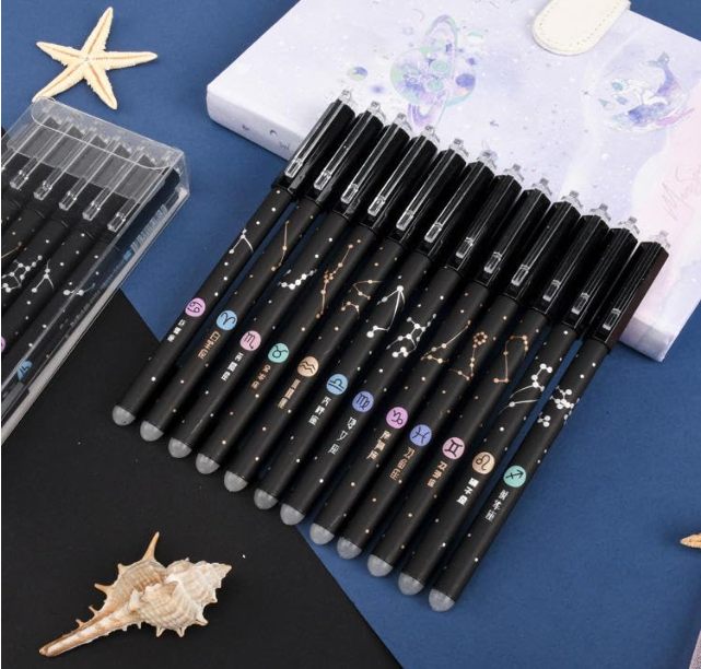 Ink Spot® "Set of 12 Black Gel Ink Pens with Zodiac Constellation Design for Smooth Writing Experience"