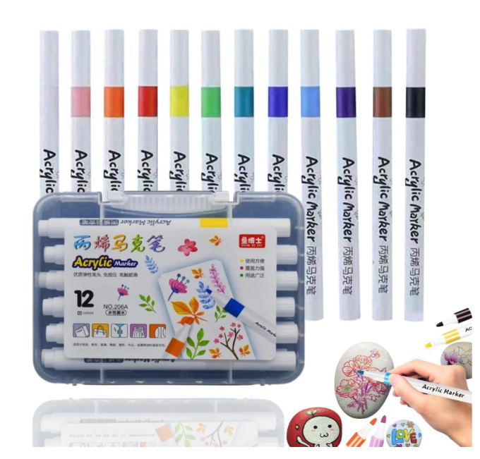 Ink Spot® 12 Shades Acrylic Markers Acrylic Paint Pens Set Non Toxic Acrylic Paint Markers Ideal for Mandala Art Doodling Drawing Sketching, Colouring & Shading Pens for Painting