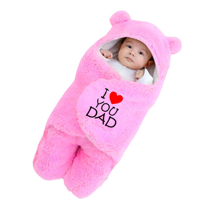 Cute Baby Fleece Sleeping Bag – Pink Bear Design | Soft Newborn Wrap Blanket with ‘I Love You Dad’ Print | Winter Baby Sleeping Sack for Boys & Girls