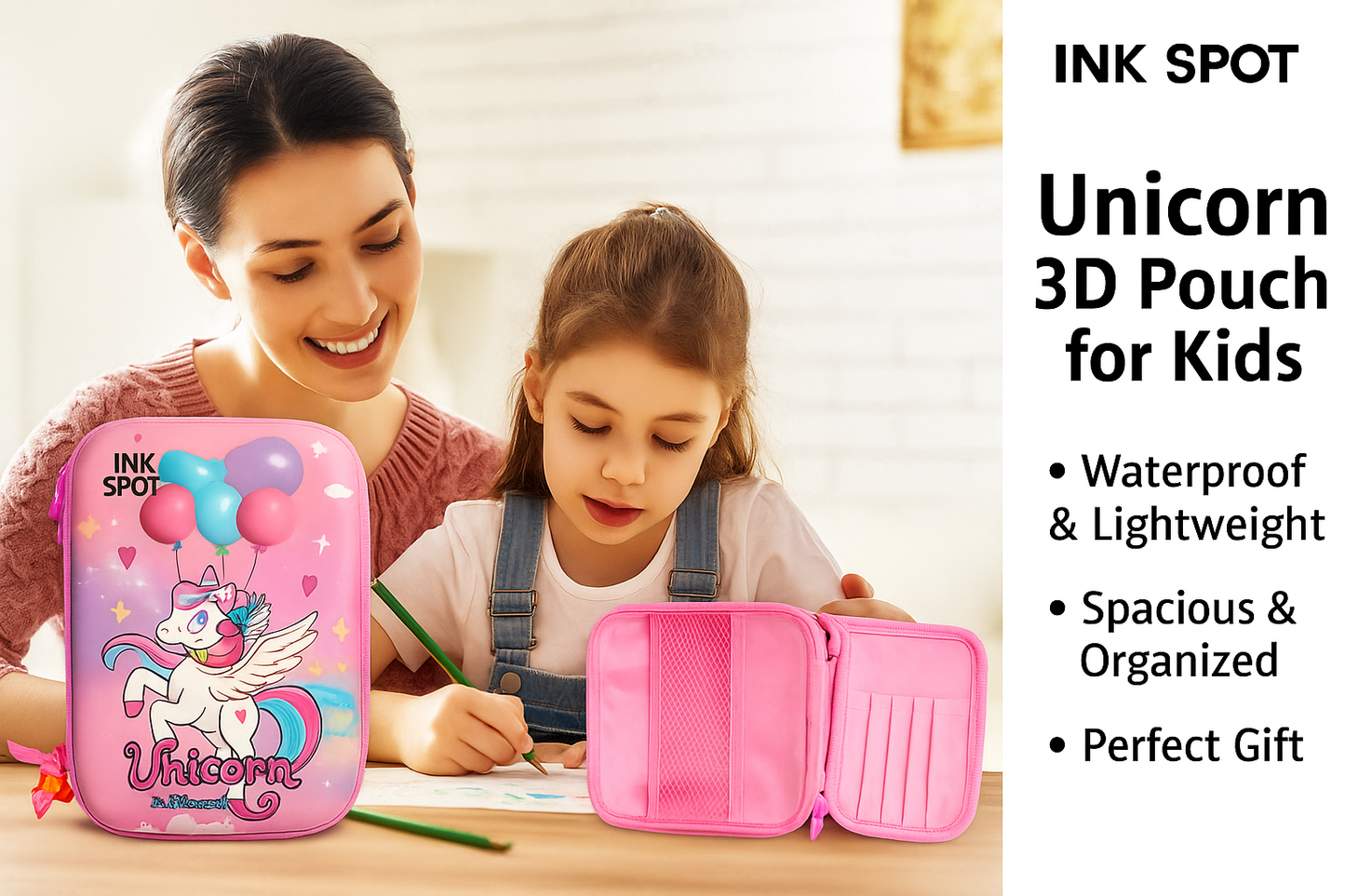 Ink Spot® Magical Unicorn 3D Embossed Hardtop Pencil Case for Girls | Large Capacity School Supply Organizer Box