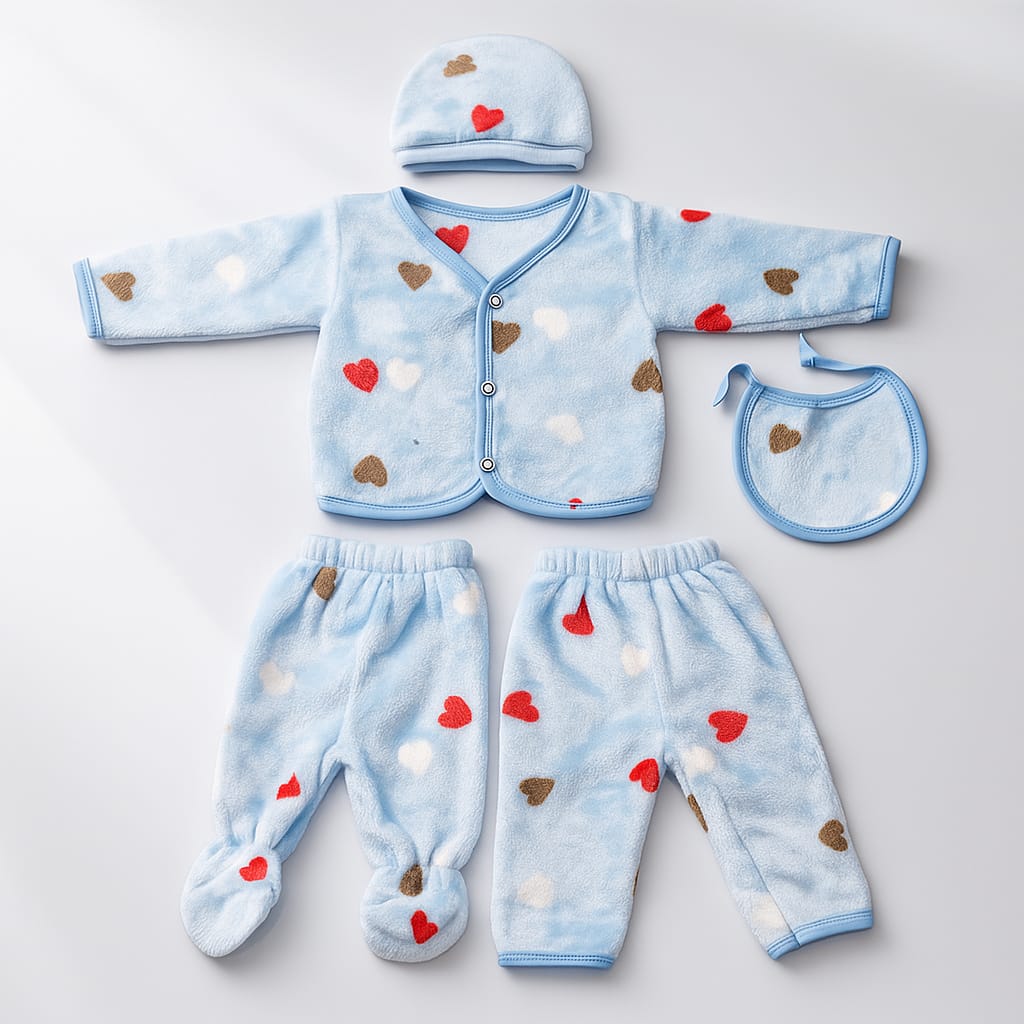 5-Piece Plush Baby Clothing Set for Newborns – Warm & Cozy Heart Print Outfit with Snap-Button Jacket, Two Pants, Hat, and Bib (Light Blue)