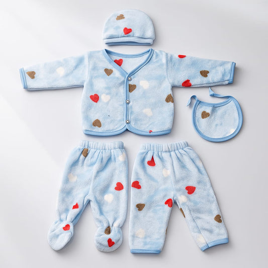 5-Piece Plush Baby Clothing Set for Newborns – Warm & Cozy Heart Print Outfit with Snap-Button Jacket, Two Pants, Hat, and Bib (Light Blue)