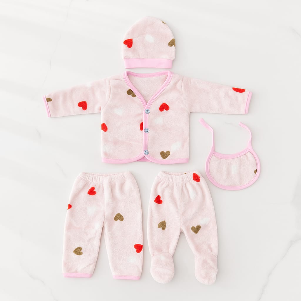 5-Piece Plush Baby Clothing Set for Newborns – Warm & Cozy Heart Print Outfit with Snap-Button Jacket, Two Pants, Hat, and Bib (Light Blue)