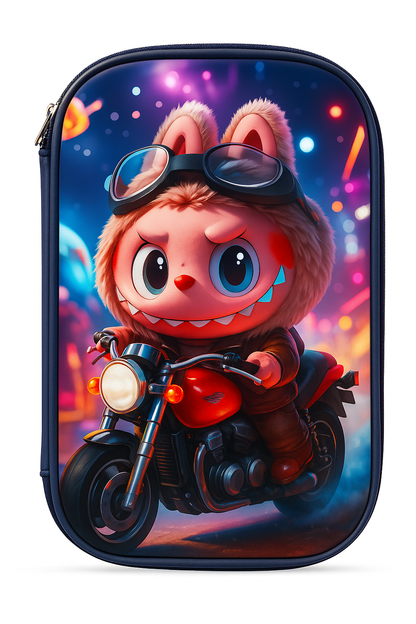 Inkspot® Cosmic Rider Pencil Pouch | Stylish Cartoon Labubu Motorcycle Design for Kids & Students