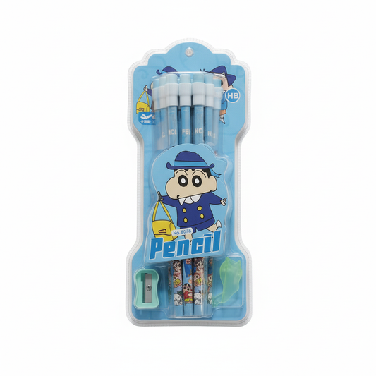 Ink Spot® Cute Shinchan Pencil Set for Kids – HB Pencils with Eraser & Sharpener | Cartoon Stationery Set for School, Drawing & Writing | Pack of 12 pencil with 1 sharpener and 1 eraser