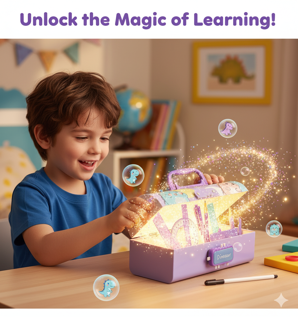 Ink Spot® Dino Adventure Geometry Set | Complete Mathematical Instruments Box with Durable Carry Case & Handle | Fun Dinosaur Theme School Supplies Kit for Kids, Students (Purple)