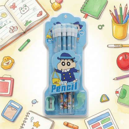 Ink Spot® Cute Shinchan Pencil Set for Kids – HB Pencils with Eraser & Sharpener | Cartoon Stationery Set for School, Drawing & Writing | Pack of 12 pencil with 1 sharpener and 1 eraser