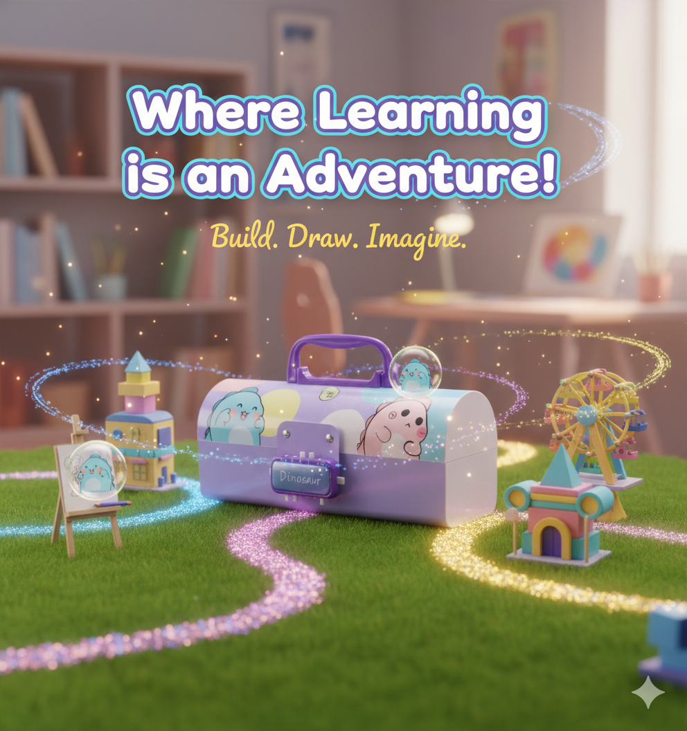 Ink Spot® Dino Adventure Geometry Set | Complete Mathematical Instruments Box with Durable Carry Case & Handle | Fun Dinosaur Theme School Supplies Kit for Kids, Students (Purple)