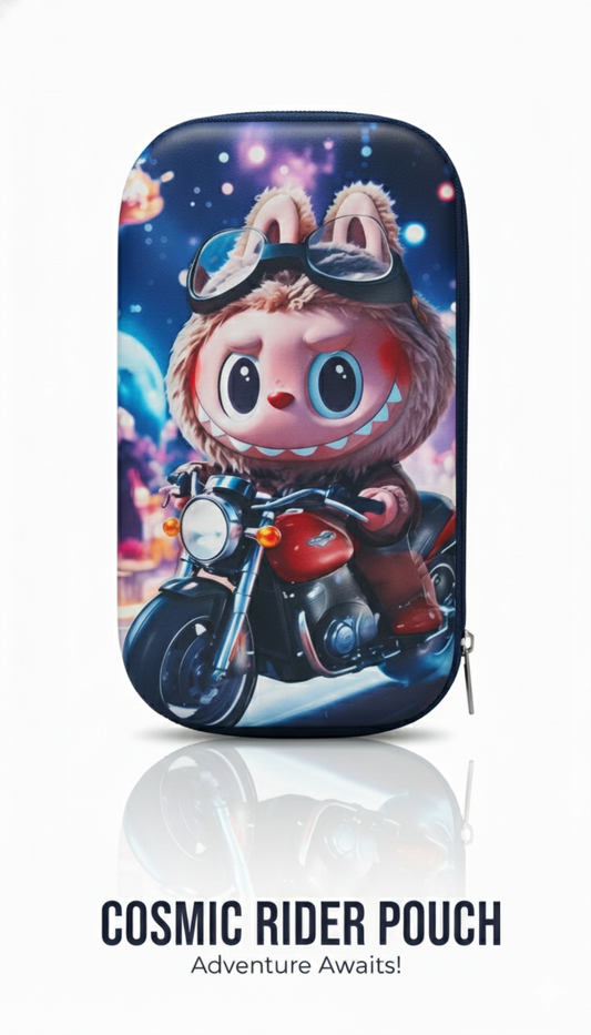 Inkspot® Cosmic Rider Pencil Pouch | Stylish Cartoon Labubu Motorcycle Design for Kids & Students