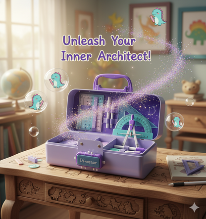 Ink Spot® Dino Adventure Geometry Set | Complete Mathematical Instruments Box with Durable Carry Case & Handle | Fun Dinosaur Theme School Supplies Kit for Kids, Students (Purple)