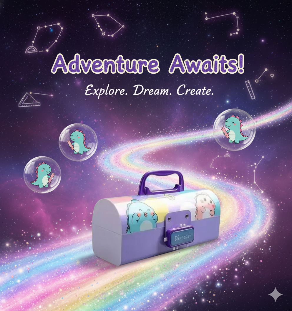 Ink Spot® Dino Adventure Geometry Set | Complete Mathematical Instruments Box with Durable Carry Case & Handle | Fun Dinosaur Theme School Supplies Kit for Kids, Students (Purple)