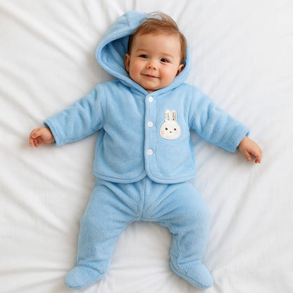 INK SPOT® Baby Hooded Fleece Winter Suit Set | Ultra Soft Warm Full Sleeve Jacket & Footed Pajama for Newborn Boys & Girls | Cozy Bunny Embroidered Winter Dress for Infants (0–12 Months, Sky Blue)