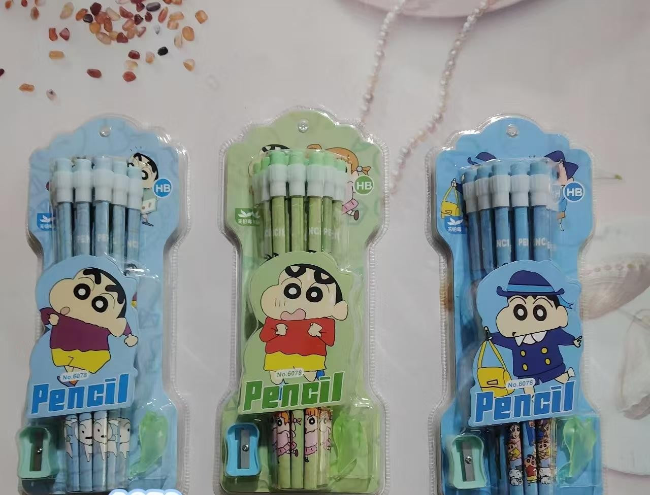 Ink Spot® Cute Shinchan Pencil Set for Kids – HB Pencils with Eraser & Sharpener | Cartoon Stationery Set for School, Drawing & Writing | Pack of 12 pencil with 1 sharpener and 1 eraser