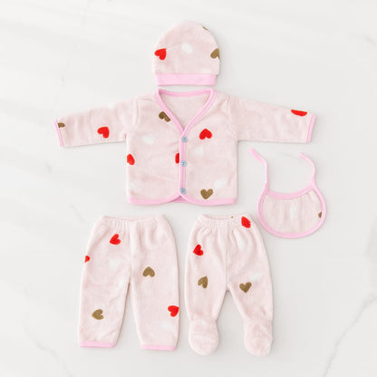 5-Piece Plush Baby Clothing Set for Newborns – Warm & Cozy Heart Print Outfit with Snap-Button Jacket, Two Pants, Hat, and Bib (Light Blue)