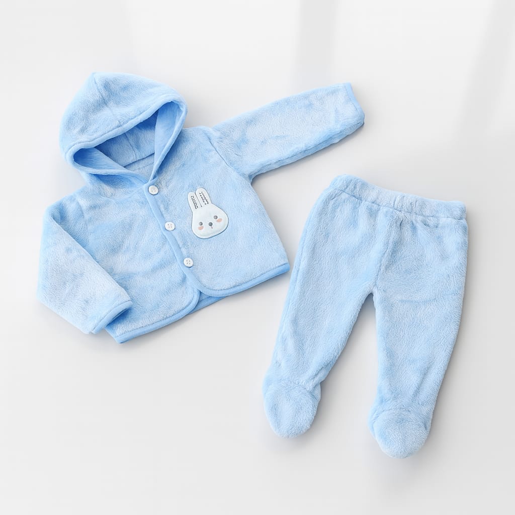INK SPOT® Baby Hooded Fleece Winter Suit Set | Ultra Soft Warm Full Sleeve Jacket & Footed Pajama for Newborn Boys & Girls | Cozy Bunny Embroidered Winter Dress for Infants (0–12 Months, Sky Blue)