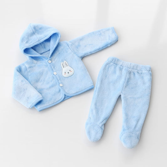 INK SPOT® Baby Hooded Fleece Winter Suit Set | Ultra Soft Warm Full Sleeve Jacket & Footed Pajama for Newborn Boys & Girls | Cozy Bunny Embroidered Winter Dress for Infants (0–12 Months, Sky Blue)